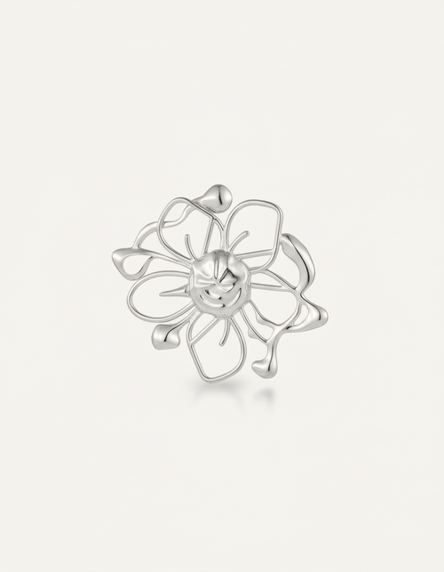 Silver floral earring on a light gray background